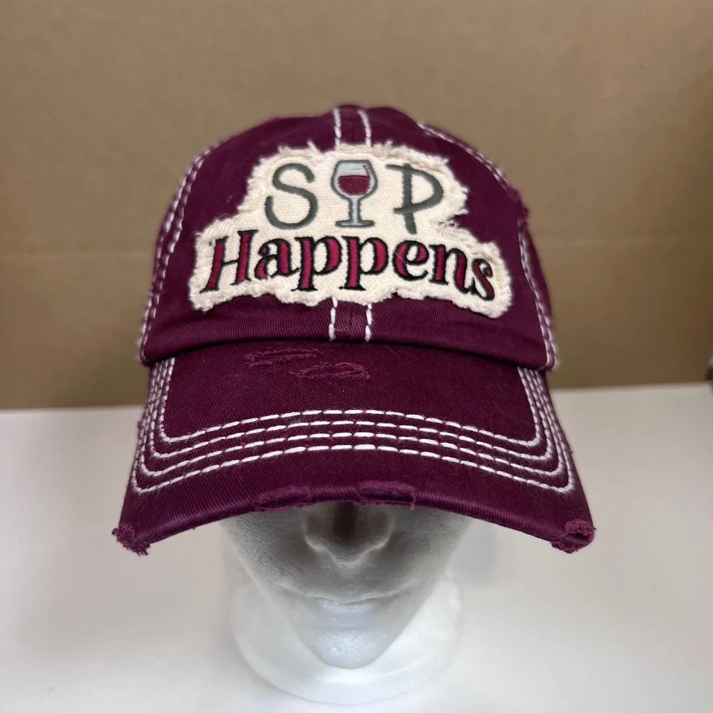 Sip Happens Wine Baseball Cap Maroon Distressed Adjustable Hat